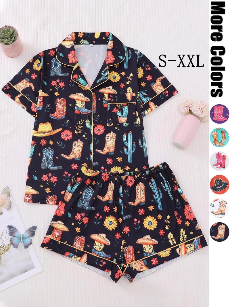 Women's All Over Cowboy Print Lapel Neck Button Front Pajama, Casual Comfy Short Sleeve Pocket Top & Elastic Waist Shorts PJ Set, Ladies Sleepwear Loungewear for All Seasons