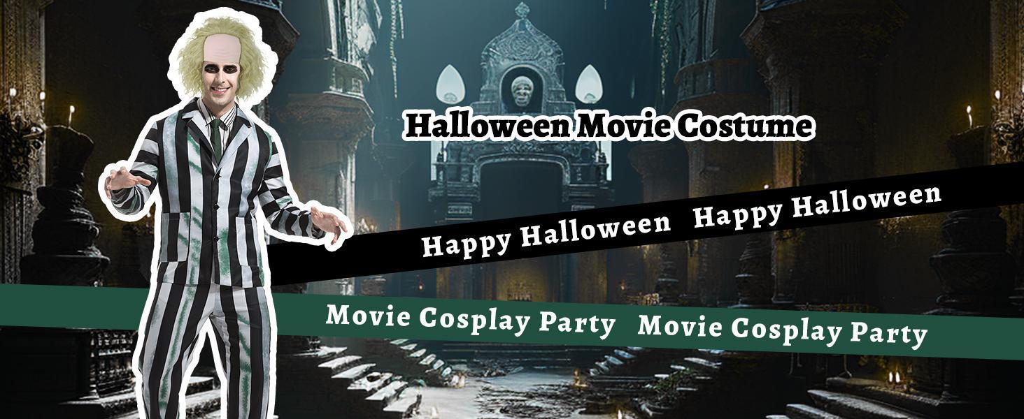 Adult Men Costume Black and White Striped Suit with Wig for Halloween Cosplay Party Outfit Horror Movie Character