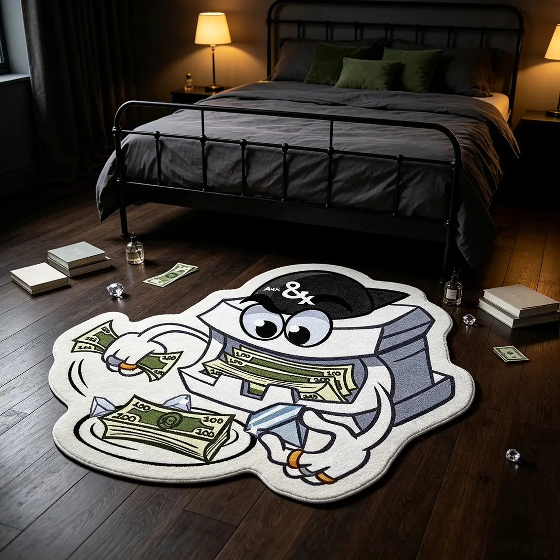 Cartoon treasure chest character alien carpet, plush floor mat with banknote diamond pattern, anti slip decorative floor mat for the bedroom with the theme of sudden wealth