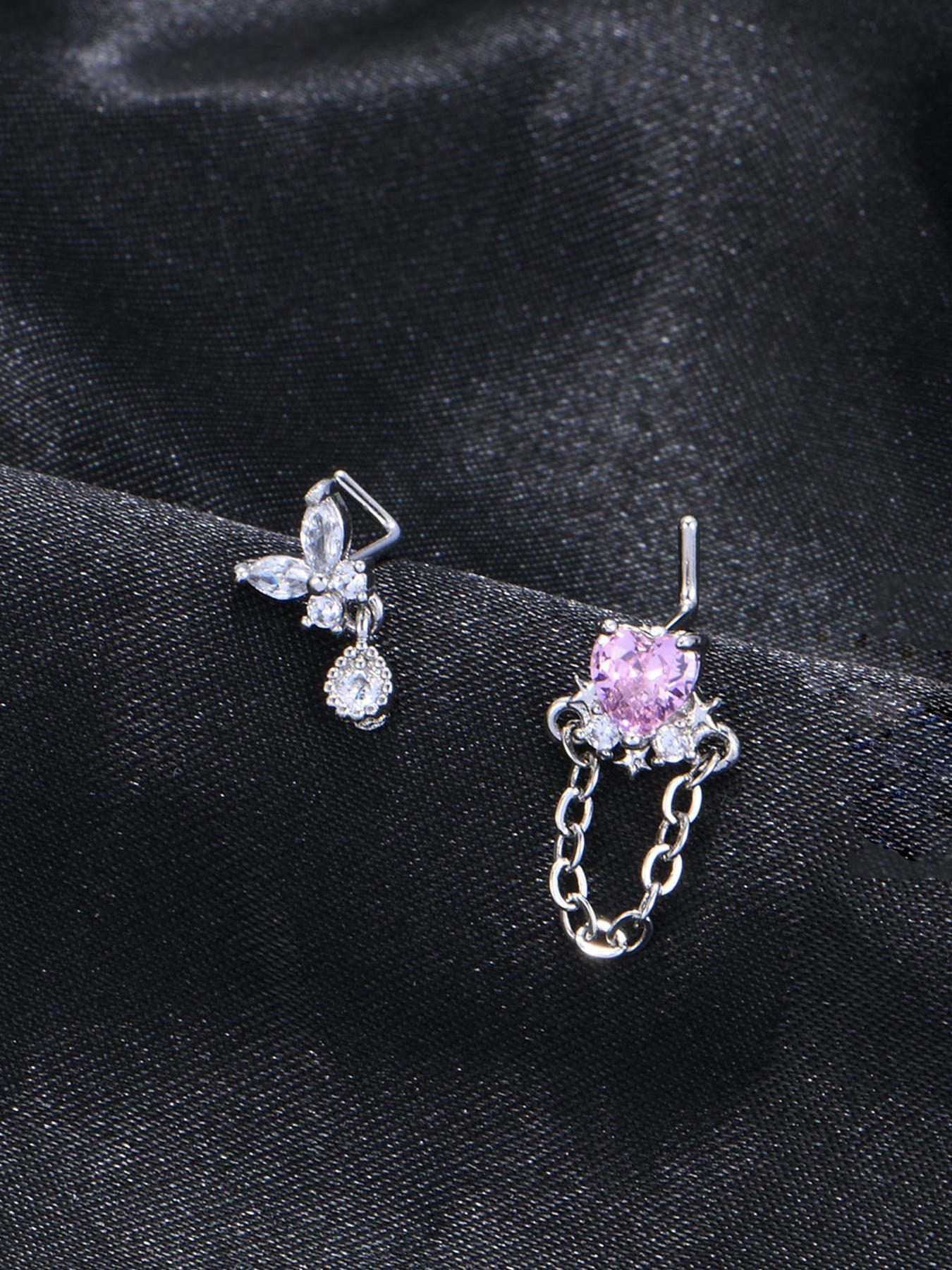 Cute Heart & Butterfly Decor Nose Stud, Stainless Steel Nose Stud Ring Set, L Shape Nose Piercing Kit, Spiral Nose Screw Stud Pack, Nose Piercing Jewelry