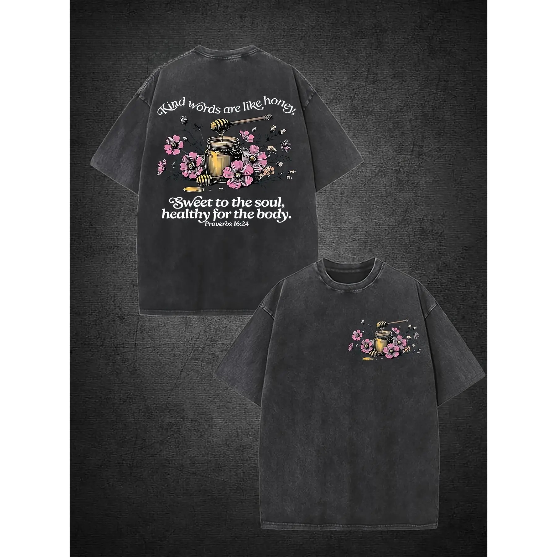 Men's Vintage T-shirt with Floral Bee Back Print, Heavyweight 220gsm Knitted Cotton, Loose Fit Drop Shoulder Short Sleeve Round Neck Top