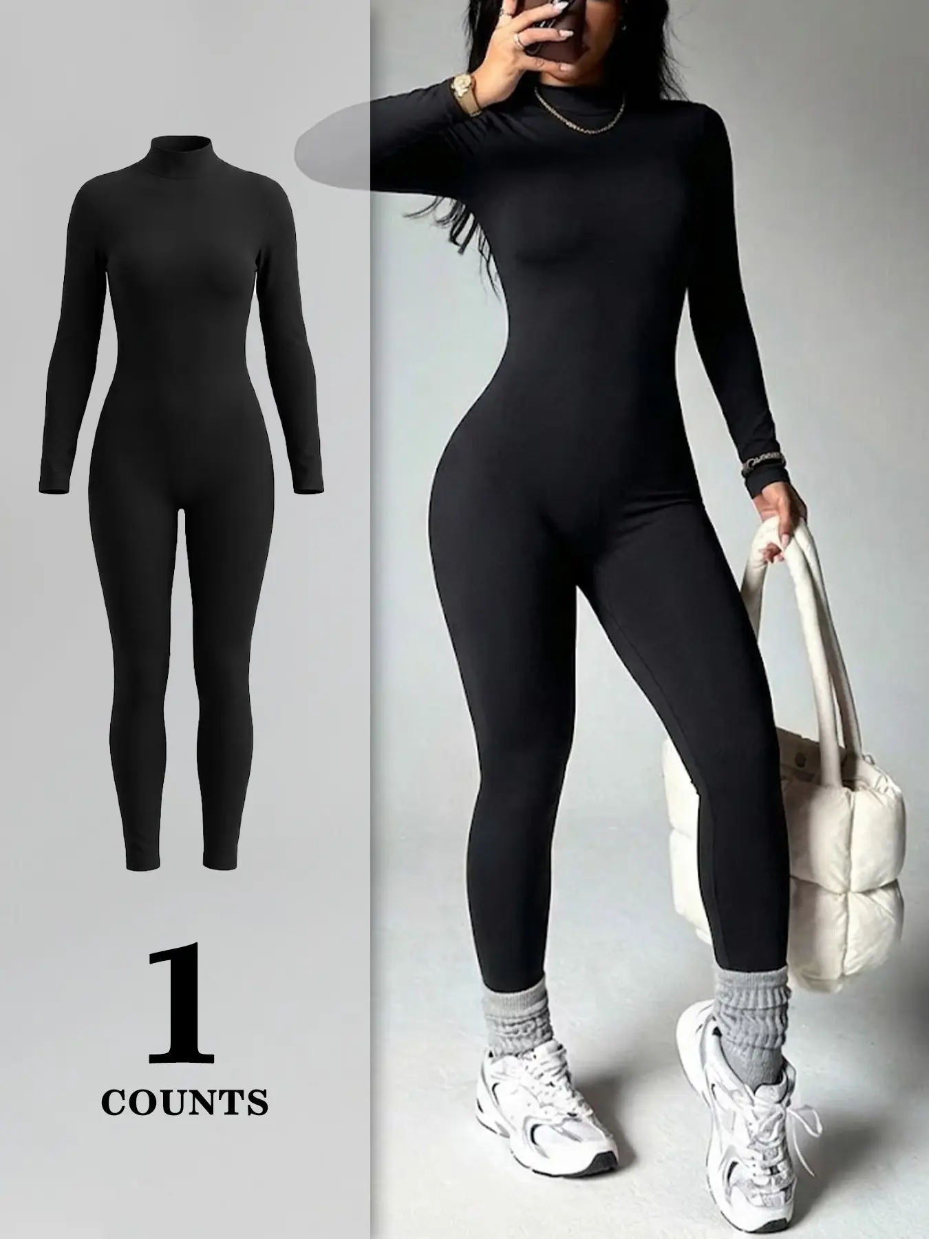 Half High Neck Long Sleeve One-Piece for Women, Back Zipper Elastic Tight Fit Skinny Pants, Casual Sporty Street Style