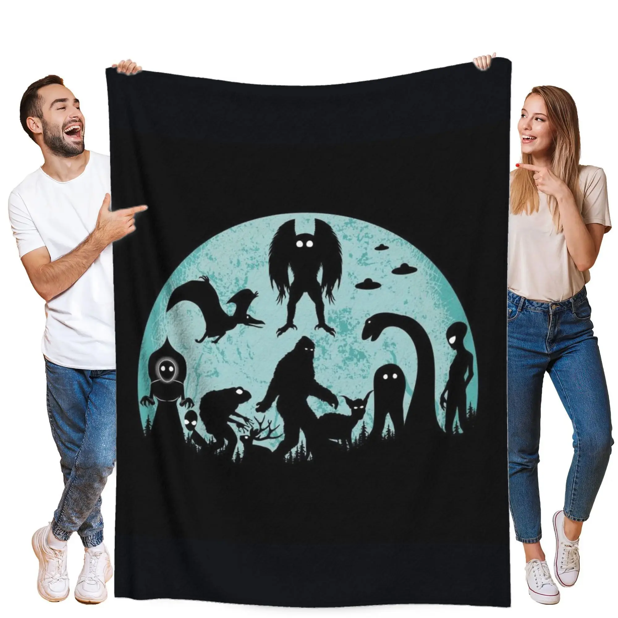 Cryptid All Creatures Teal Full Moon Silhouette Black Background Flannel Throw Blanket Mothman Bigfoot Nessie UFO Cryptozoology Warm Blanket Gift Fans All Ages