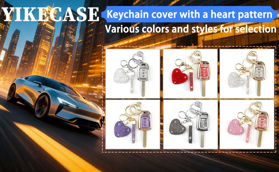 Key Fob Cover with Diamond Keychain Car Key Holder Compatible with Honda 2013-2016 Accord Crosstour 2014-2015 CR-V Civic 2016-2017 HR-V Protector for Women 4 Buttons, (Silver-Heart)