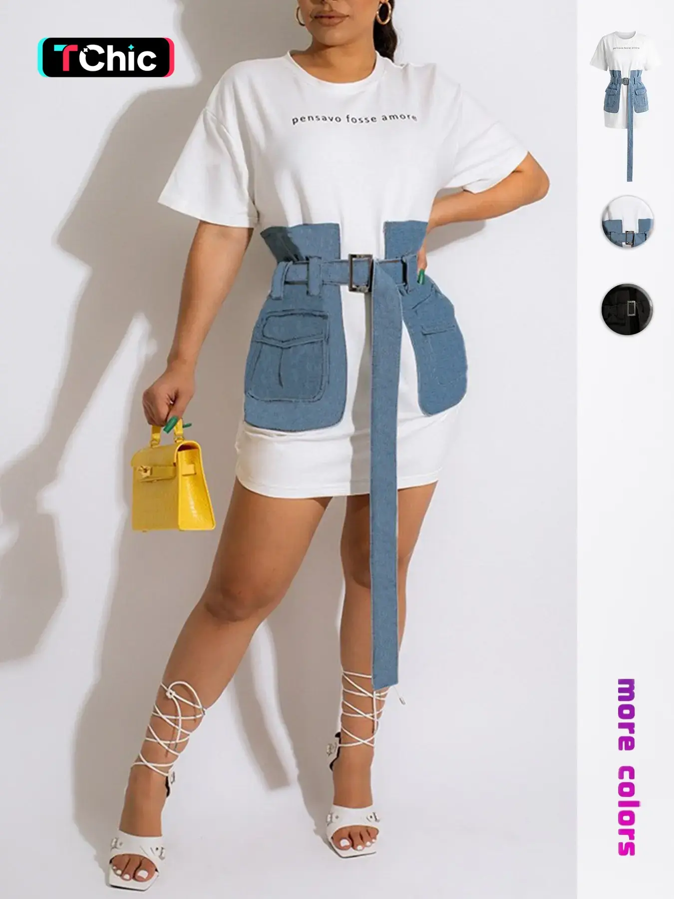 Fashion Letter Print T-Shirt with Denim Element Patchwork Waist Belt Dress, Casual Fitted Dress, Plain Surface, No Ca Prop 65