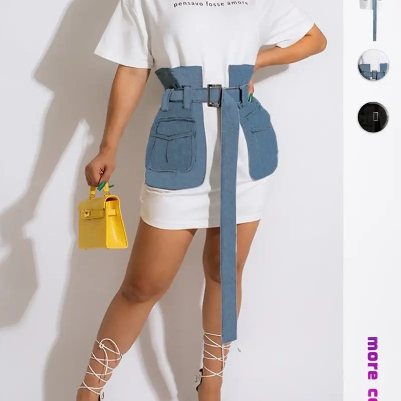 Fashion Letter Print T-Shirt with Patchwork Waist Belt Dress, Casual Fitted Dress, Plain Surface, No Ca Prop 65, Casual Summer Dresses, Fitted Fashion Style