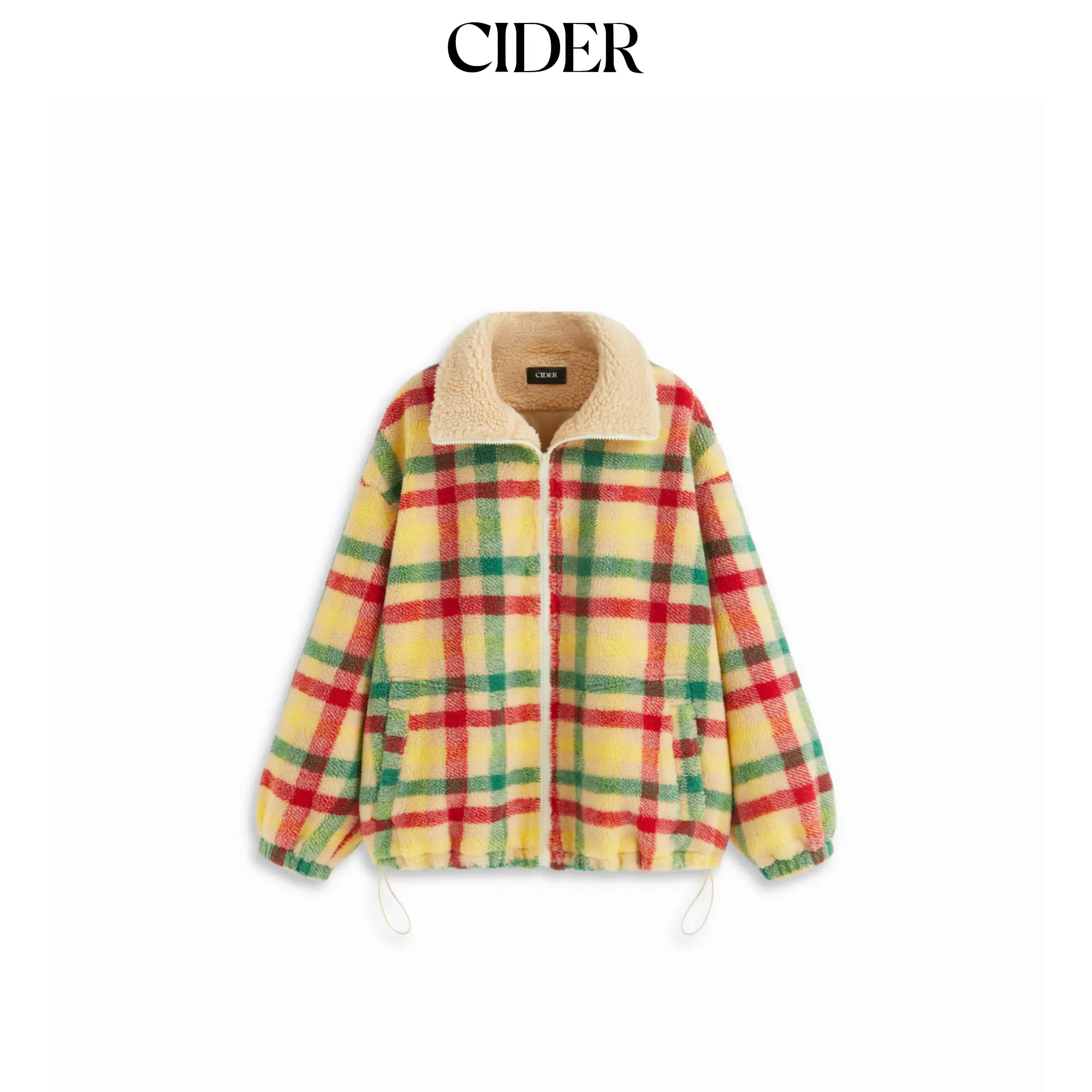 Cider Fleece Plaid Stand Collar Zip Through Drawstring Oversized Jacket SummerFinds