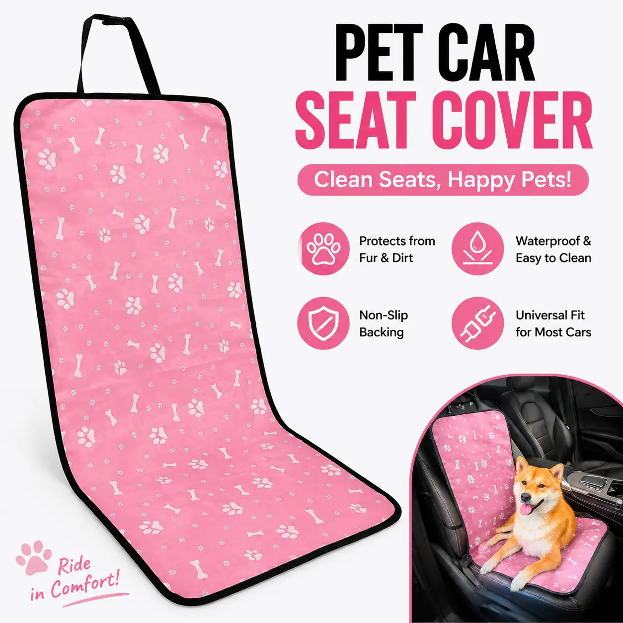 Dog Car Seat Cover, Waterproof Scratch‑Resistant Oxford Fabric Pet Front Seat Mat, Non‑Slip Adjustable Strap Protector, Paw Print Auto Cushion For Dogs Cats, Universal Fit For Car Suv Truck Pet Travel Accessories-YY0