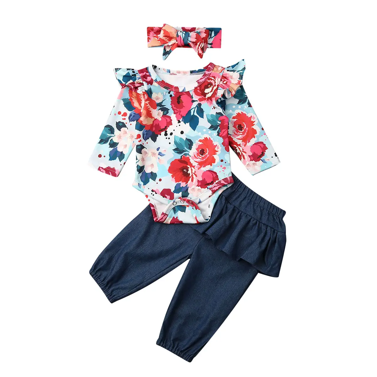 Newborn Infant Toddler Girls Floral Print 3 Piece Set Ruffle Sleeve Onesie Ruffle Denim Pants Decorative Hair Bow Daily Outdoor Photo Outfit