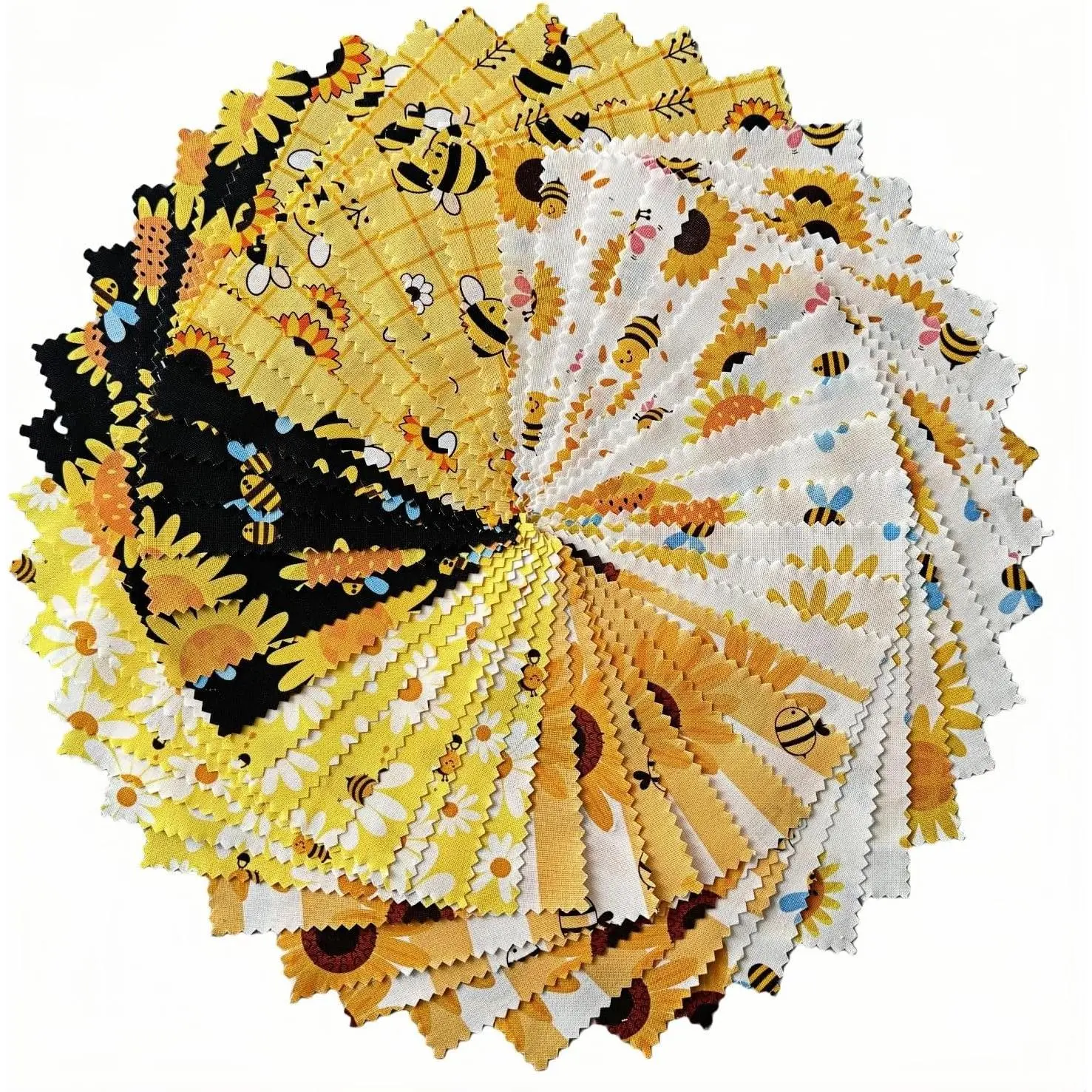 42Pcs 5x5 Inch Honey Bee Sunflower Daisy Quilt Fabric Squares - Black & Yellow Precut Charm Pack for Baby Quilting DIY Patchwork Sewing CraftGift