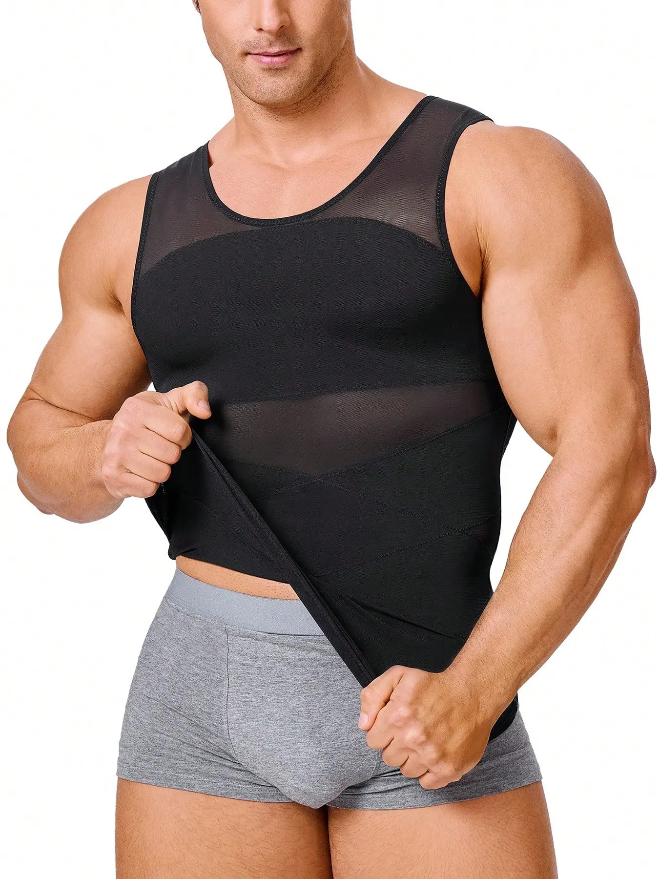 1 Count Men's Solid Color Breathable Tummy Control Compression Shapewear Tops, Shaping Tops, Waist Trainer Vest, Comfortable Moisture Wicking Mesh Fabric Compression Tank Top, Wide Strap X-Shaped Back Posture Corrector Vest, Ideal for Occasions & Gym