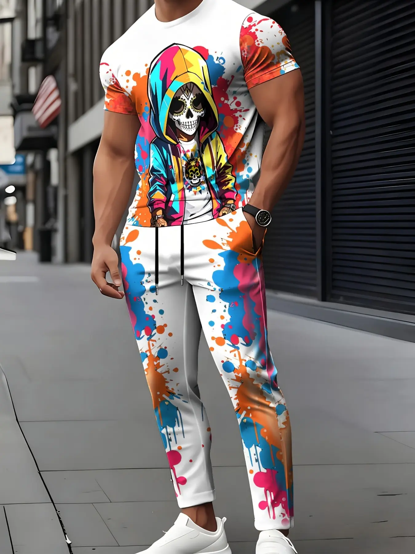 Men's Colorful Splatter Skull Jogger Pants Set, Spring/Autumn Crew Neck T-Shirt + Drawstring Jogger Pants, Breathable Comfort, Daily Wear，Back-to-school outfits(Recommended ordering one size up),Summer Sale T-shirts