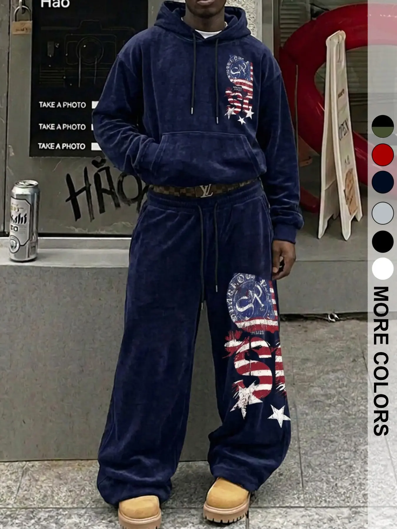 Men's Vintage Broken Flag Star Print Set, Hooded Sweatshirt + Wide Leg Pants, Street Style, Fall & Winter, Loose Fit, Unisex