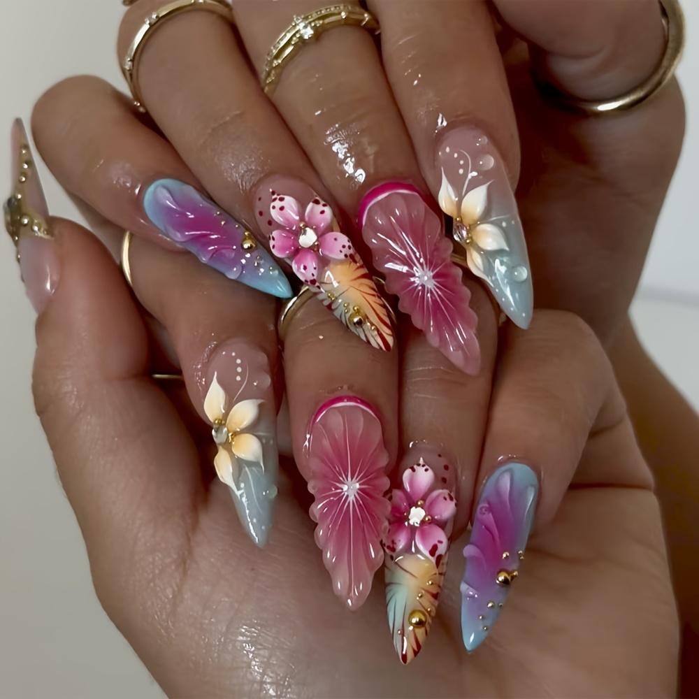 24-Piece 3D Press-On Nails • 3D Floral, Teardrop, Lily, and Shell Designs • Includes Nail Art Tools • Reusable and Removable • Suitable for Proms, Parties, and Any Occasion • Ideal Choice for Women's Nail Art
