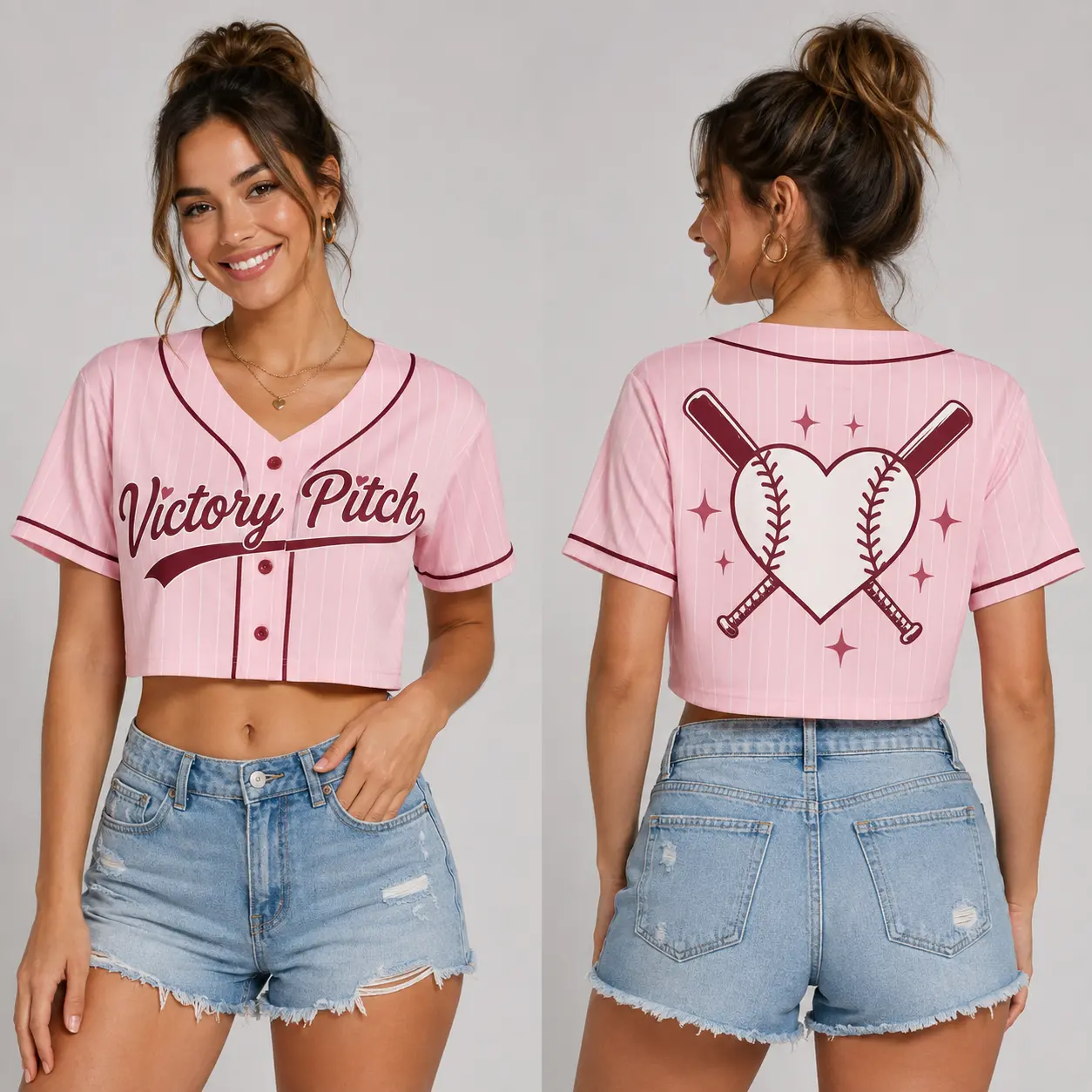 Women’s Pink Cropped Pinstripe Baseball Jersey Shirt - Button-Front V-Neck Short Sleeve Graphic Crop Top, Casual Game Day Streetwear with Short Sleeve Tops, Cropped Fit, Pinstripe Fabric Features, Game Day Wear