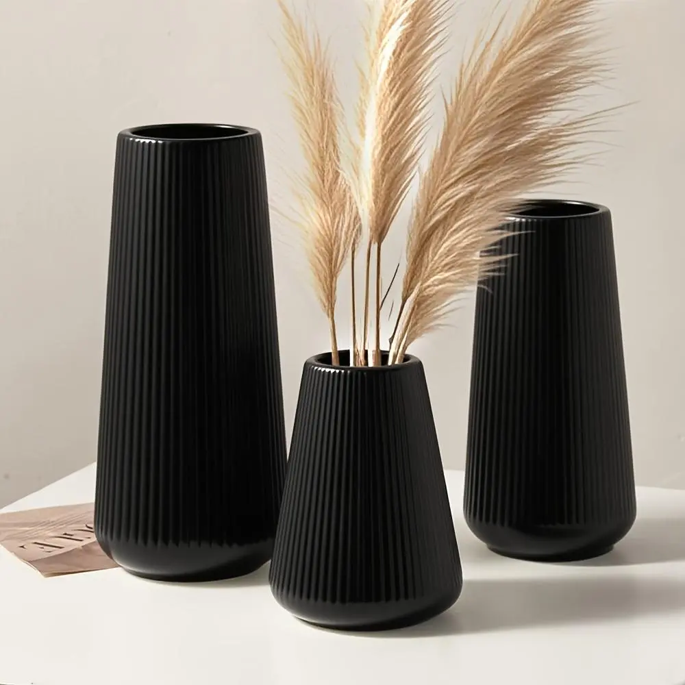 3pcs Scandinavian Unbreakable Vases Set - Textured Plastic Flower Vases for Dining TableBlack White Home Decor, Minimalist Centerpiece for Faux Florals (24.89/20.07/13.97cm) Decorative Vase Gift
