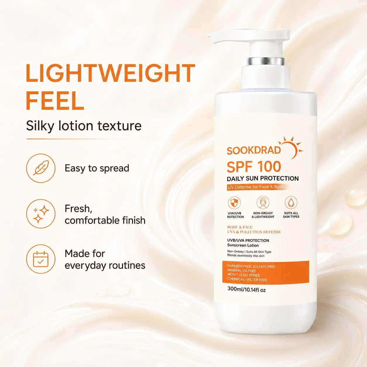 SPF100 Sunscreen Lotion, UVA/UVB Protection, Non-greasy, Lightweight, Suitable for All Skin Types, For Face and Body, Paraben Free, Sulfate Free, Mineral Oil Free, Won't Clog Pores, Blends Seamlessly