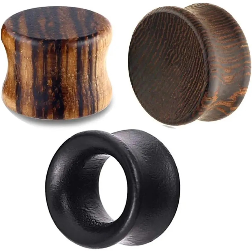 Punk Wear Synthetic Ear Gauges, 3 Pairs Double-Flared Saddle-Fit Solid Plugs, Wooden Tunnels for Stretching
