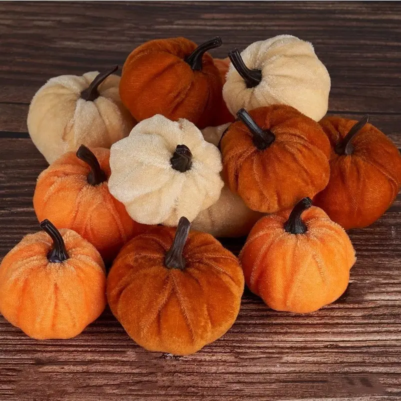 12-Piece Artificial Pumpkin Decor Set, Soft Velvet Foam Filled Mini Desktop Decor, Country Style Home Decoration, Halloween Thanksgiving Fall Party Centerpiece