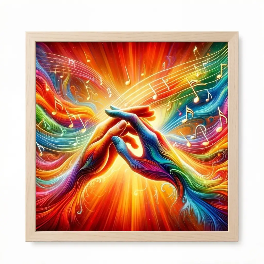 A 2D flat frameless hand - made DIY diamond painting kit, abstract art style, featuring intertwined hands, floating musical notes and vibrant colors, ideal for home decor, art lovers and handcraft enthusiasts.