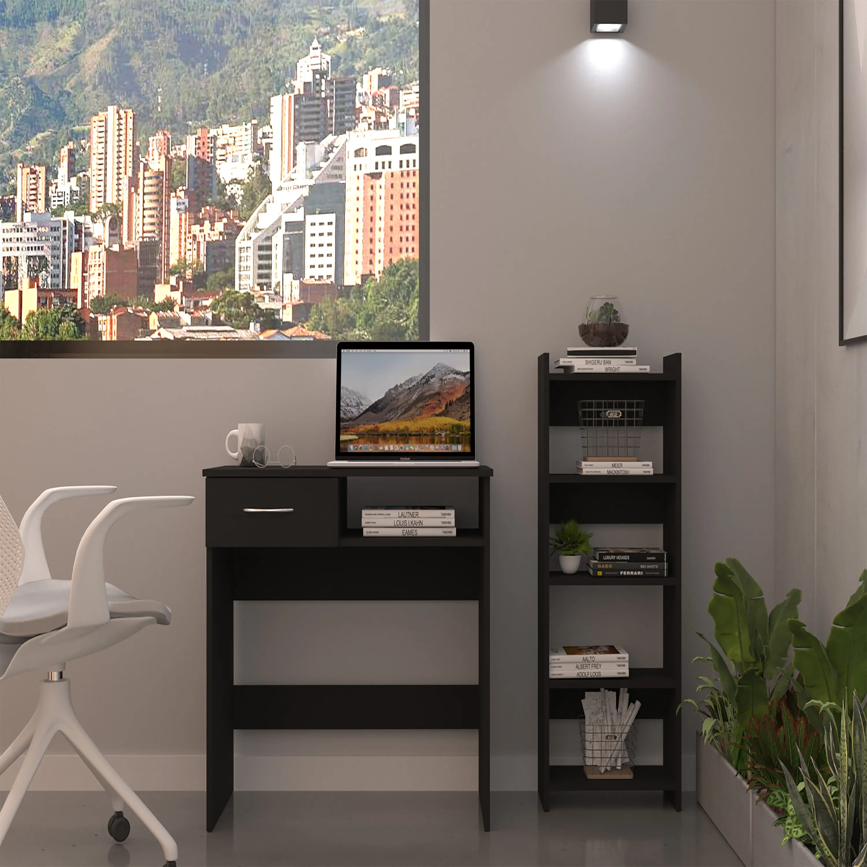 Nokaa Home Office Desk with Bookshelf Combo, 5-Tier Bookcase, Keyboard Tray, One Drawer, Particle Board, Black, Compact Laptop Workstation for Small Spaces, Study Room, 31.5"W x 15.8"D x 39.7"H, Black Color, Particle Board Material