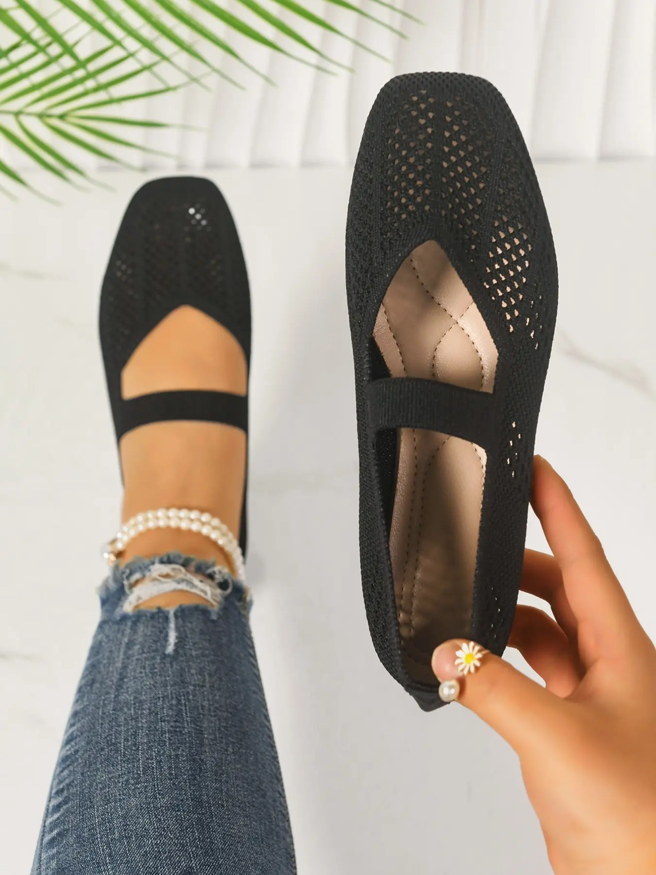 Women's Solid Color Mesh Mary Jane Shoes, Strap Square Toe Low Heel Sandals, Breathable Soft Sole, Summer Commute Casual Flat Shoes