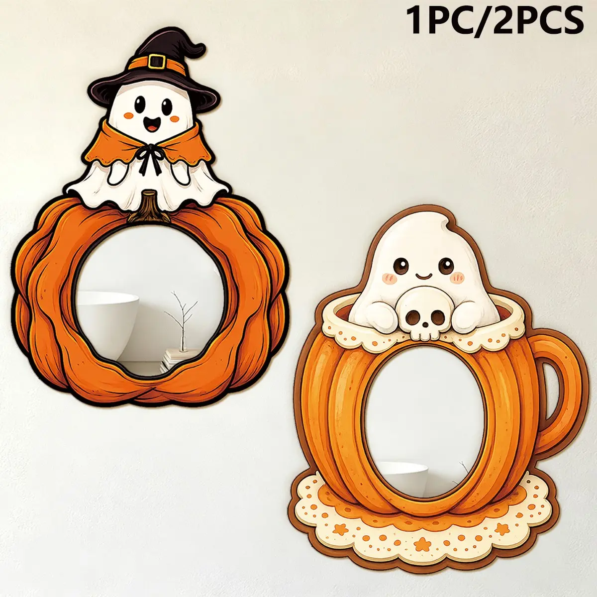 1PC/2PCS Cute Ghost Pumpkin Acrylic Mirror Wall Stickers, Wooden Frame ＆ Double‑Layer Acrylic Mirror Wall Decals, Self‑Adhesive Halloween Mirror Stickers, Mirror Wall Decor for Living Room, Bedroom, Bathroom, Dorm, Halloween Decor Gifts