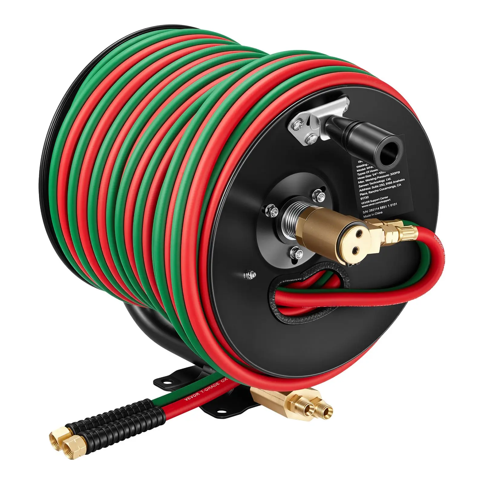 VEVOR Retractable Welding Hose Reel, Hand Crank Manual Rewind Hose Reel with 1/4 Inchx 100FT Twin Oxygen Acetylene Rubber Hose Max 300PSI - T Grade, Ceiling/Wall Mount Steel Reel for Workshop Garages