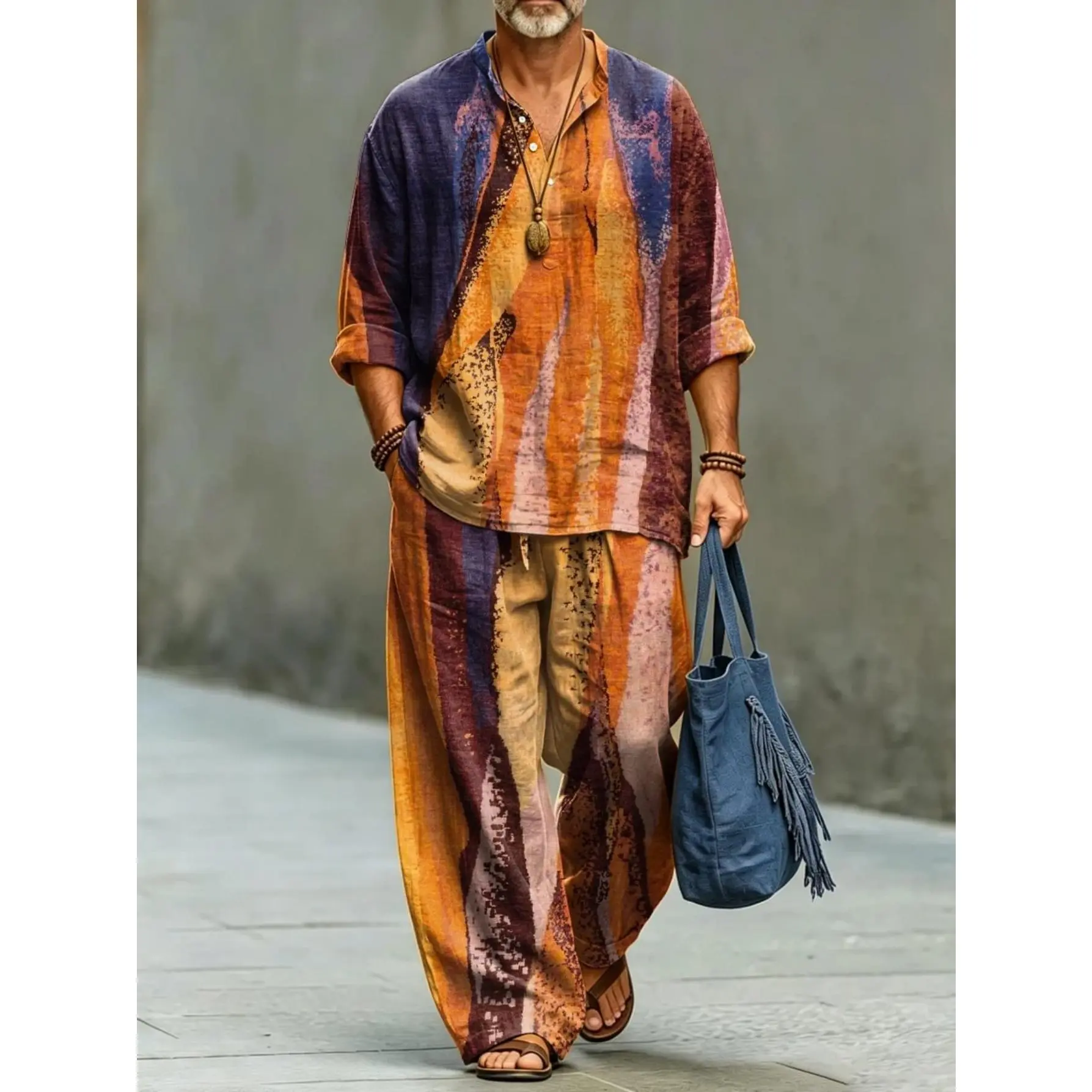 Men's Vintage 2-Piece Linen Pants & Top Set - Stand Collar Half-Placket Long Sleeve Top, Drawstring Wide-Leg Pants, Vertical Color-Block Stripe Print, Loose Bohemian Casual Outfit