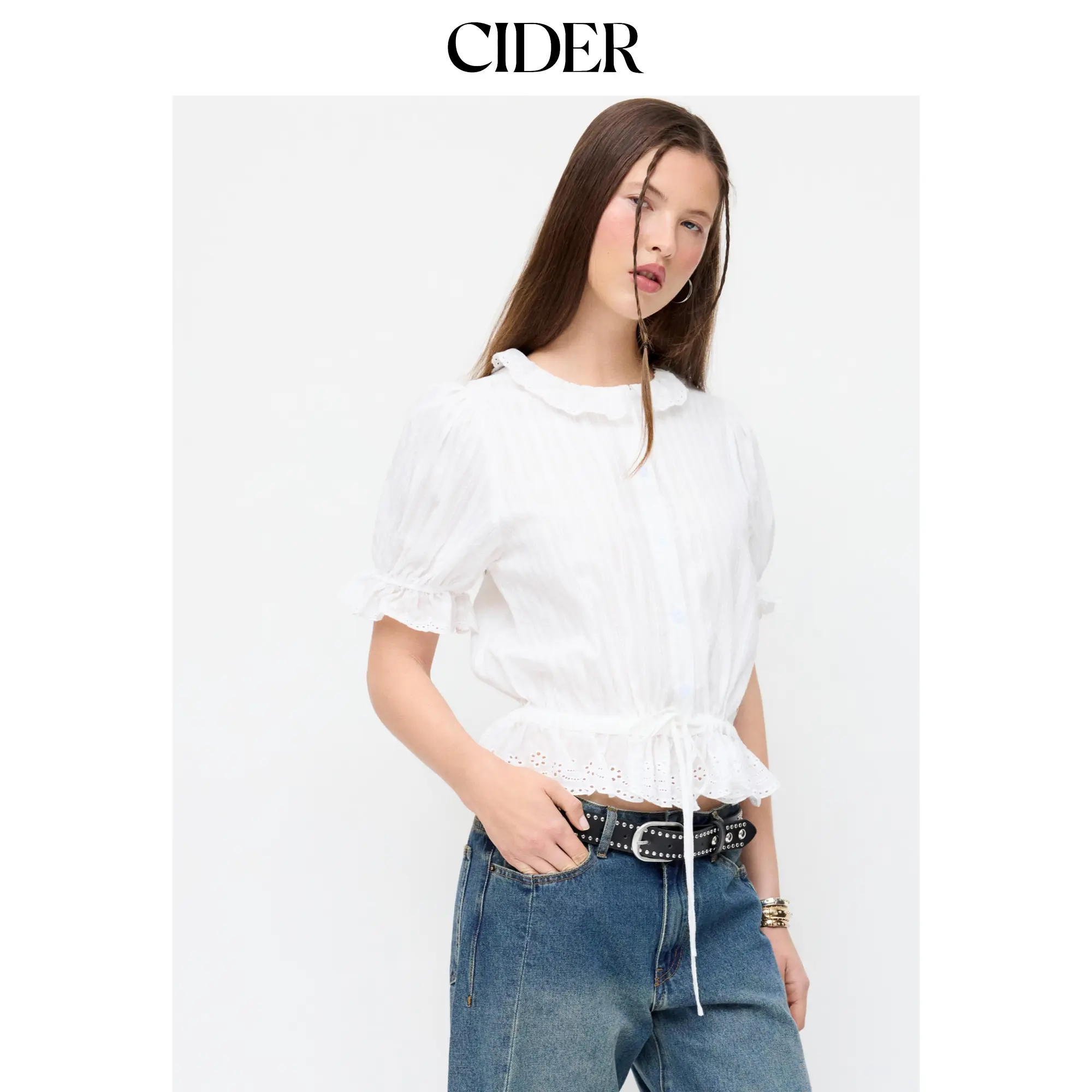 Cider Cotton-blend Puff Sleeve Lace Trim Broderie Anglaise Oversized Blouse