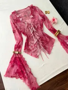 Sweet Spicy Print Sheer Top, V-Neck Tie Waist Bell Sleeve, Ruffled Asymmetrical Hem, Perfect for Dates, Photoshoots, Girl Friends Gather