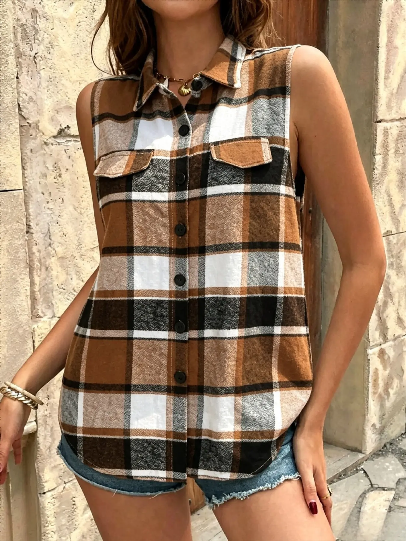 American Vintage Plaid Sleeveless Vest, Turn-Down Collar Single Button Double Pocket, Medium-Length Fleece Plaid Blazer for Women