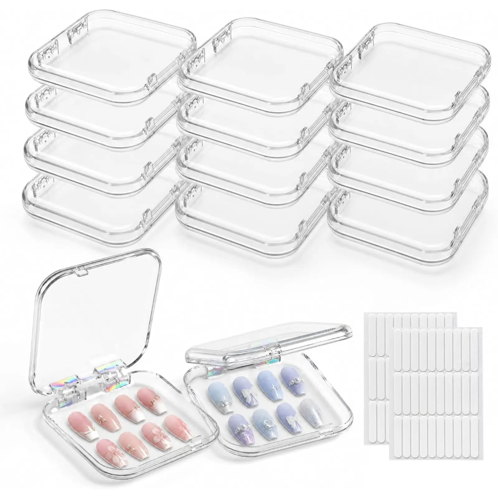 12 Pcs Press On Nail Storage Box with 60 Double Sided Adhesive Tapes, Clear Acrylic Nail Packaging Box, Fake Nail Display Case Organizer for Press Ons, Nail Art Business, Salon Supplies