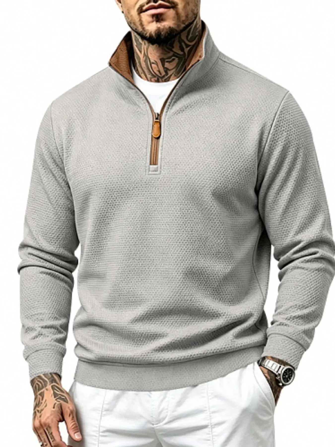 Men's American Vintage Half-Zip Stand Collar Sweatshirt, Heavyweight Fleece Waffle Warm Stretch, Fall Winter Commute Outdoor Wear