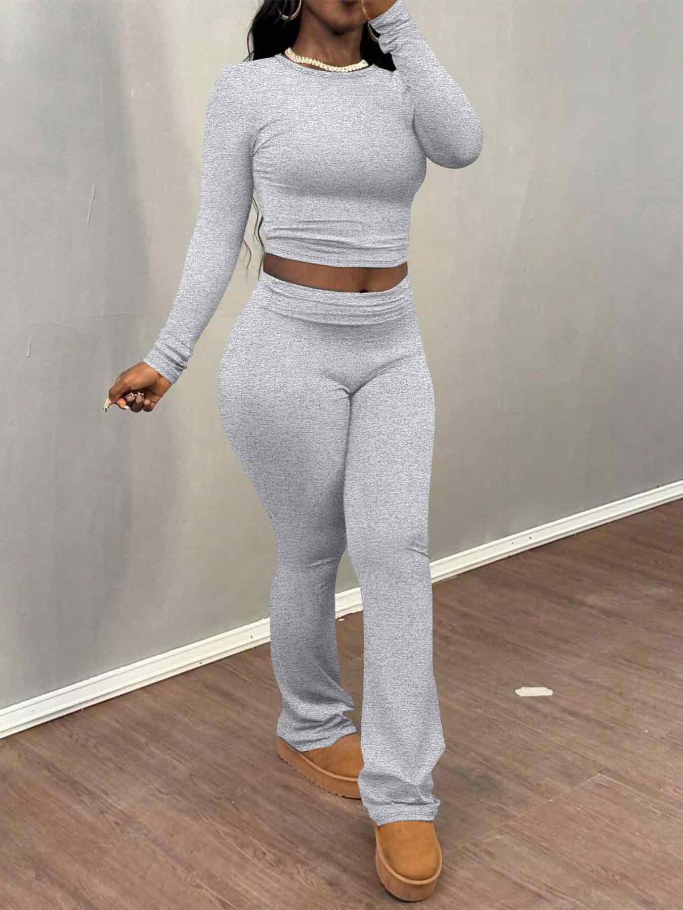 Women's Solid Long Sleeve Crop Top & Flare Leg Pants Two-piece Set, Casual Fashion Cozy Basic Round Neck Top & Bell Bottom Trousers for Daily Outdoor Wear, Women's Clothing for Fall & Winter