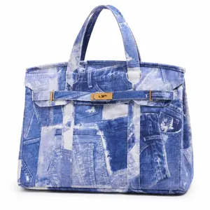 Denim Colorblock Large Capacity Tote Bag for Women, Lightweight Casual Commute Handbag, Fashion Shoulder Shopping Big Bag