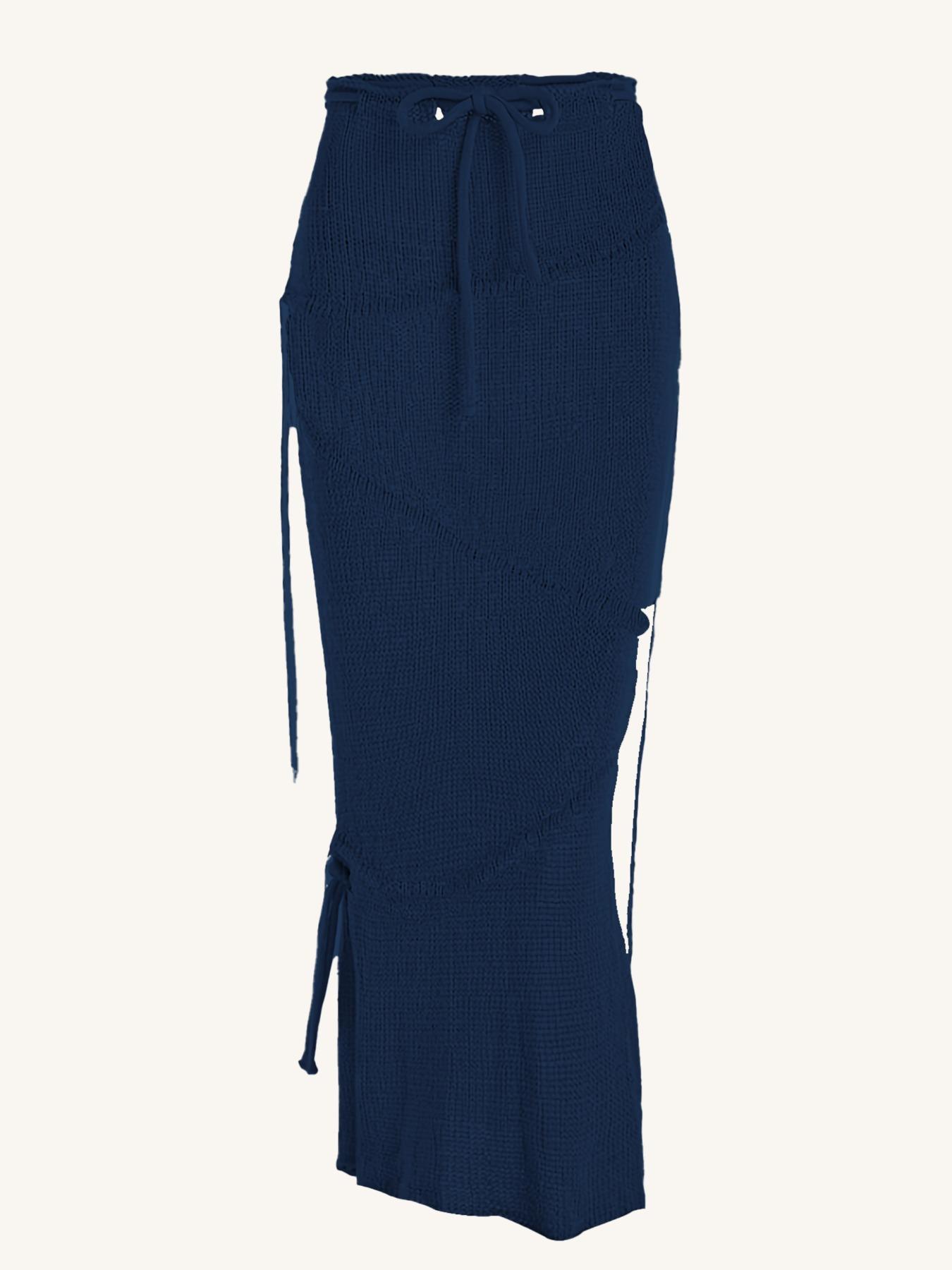 Solid Drawstring Split Side Tassel Sweater Skirt, Elegant Fashion Casual Tie Side Pencil Skirt for Daily Outdoor Wear, Women Knitwear for Spring Fall, Boho Skirt