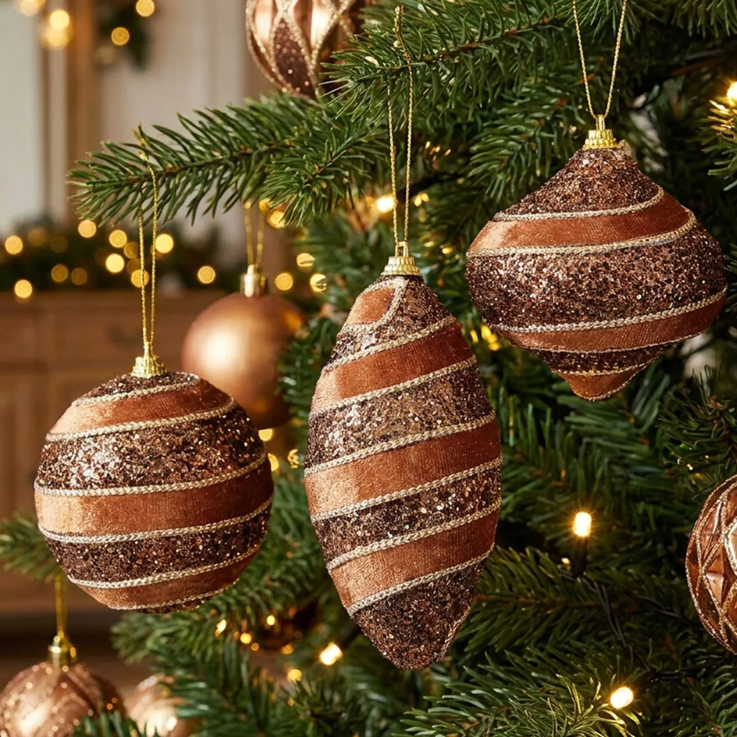 3-Pack Vintage Velvet Glitter Christmas Balls Set, Striped Irregular Ornaments, Tree Hanging Decorations, Festive Atmosphere