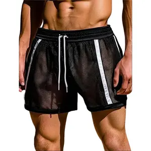 2026 New Men's Mesh Sheer Shorts - Thin Quick-Dry Breathable Contrast-Striped Menswear Fabric Shorts, Sexy See-Through for Beach Party, Workout, Swim, Streetwear Casual Wear