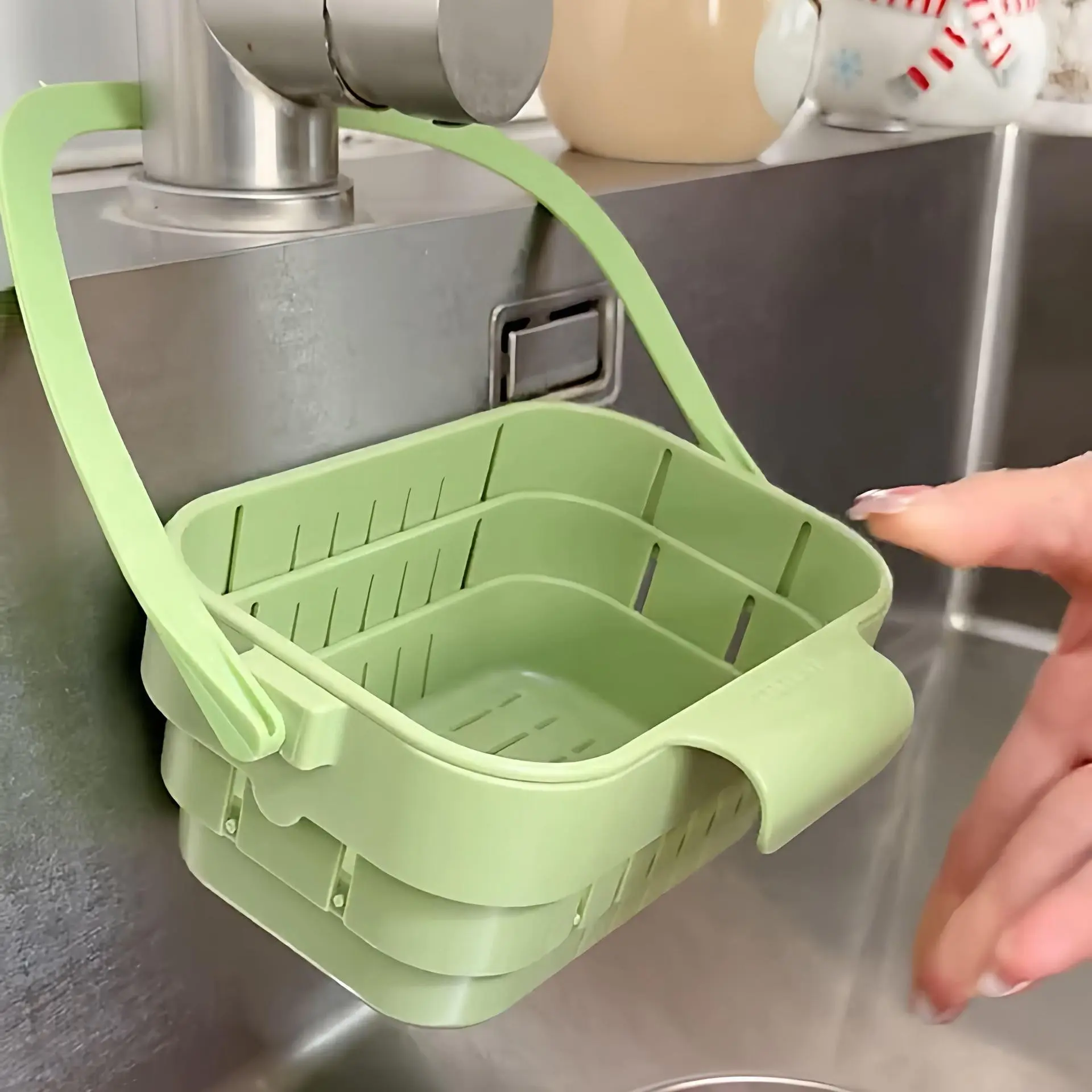 Foldable Hanging Sink Drainer Basket, Space-Saving Expandable Filter Basket, Multi-Functional Kitchen Organizer, Fruit Veggie Utensil Drainage