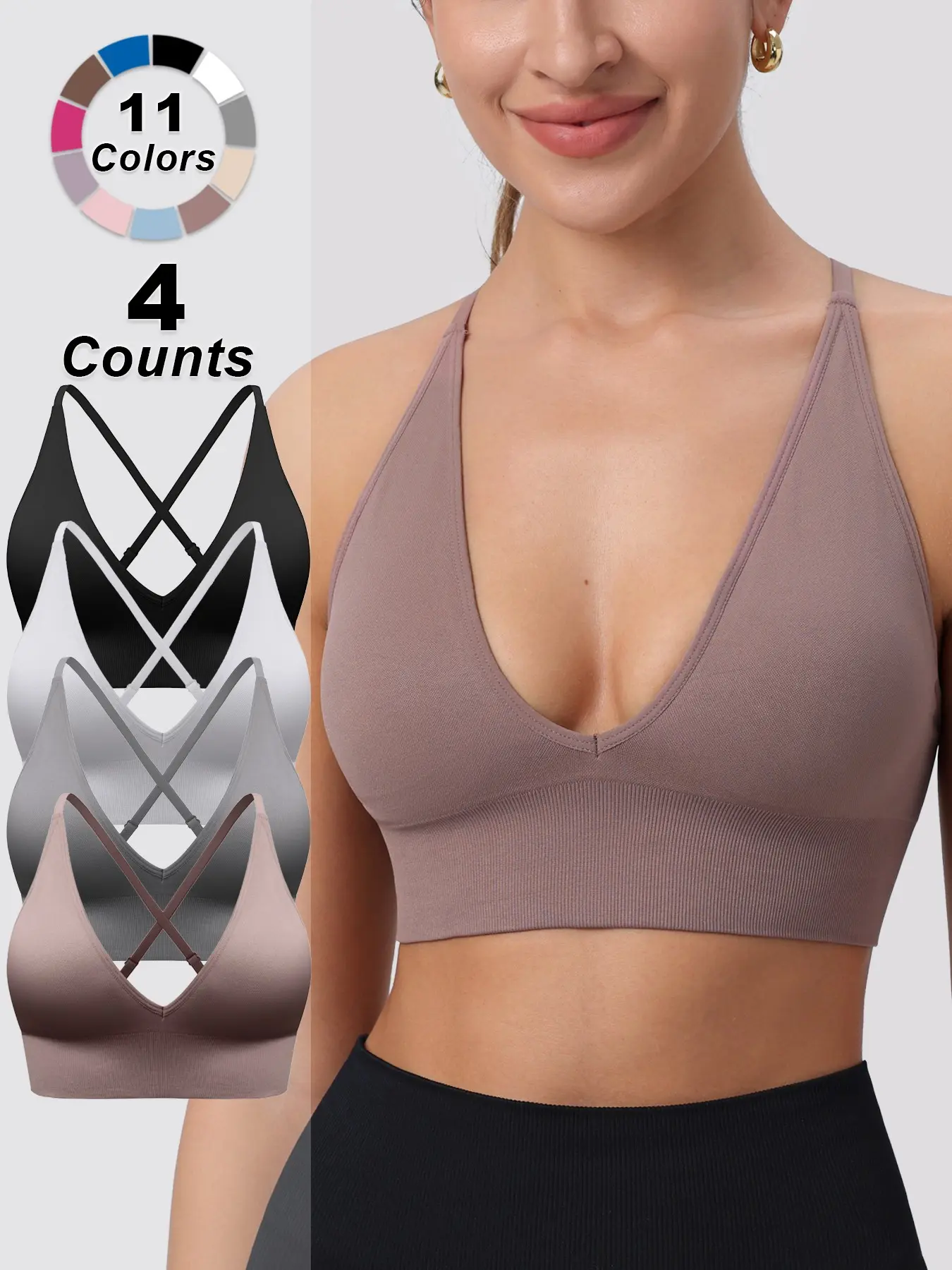 Women's Solid Criss Cross Backless Padded Sports Bra, Pickleball & Tennis Clothes, Adjustable Strap Sports Bra, Ladies Sportswear for Indoor Outdoor Wear, Workout Bra, Sporty Bra, Gym Bras, Padded Activewear, Gift for Halloween/Christmas