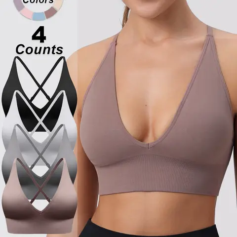 Women's Solid Criss Cross Backless Padded Sports Bra, Pickleball & Tennis Clothes, Adjustable Strap Sports Bra, Ladies Sportswear for Indoor Outdoor Wear, Backless Yoga Bras, Gift for Halloween/Christmas