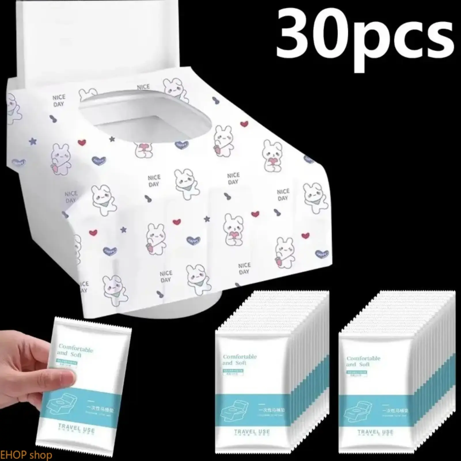 30Pcs Disposable Toilet Seat Covers Waterproof Portable Bathroom Seat Protectors Cute Rabbit Heart Print Lightweight Compact Travel Toilet Liners Hygienic Accessories for Public Restrooms Airports Hotels Camping Road Trips School Office Travel Bags Luggag