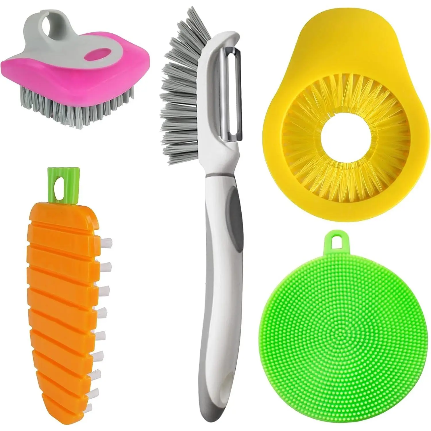 Flexible Vegetable Brush Fruit and Vegetable Brushes, Vegetable/Fruit Peeler with Brush Bendable Fruit Brush Scrubber for Food Veggies Carrot Potato Corn, 5 Pcs