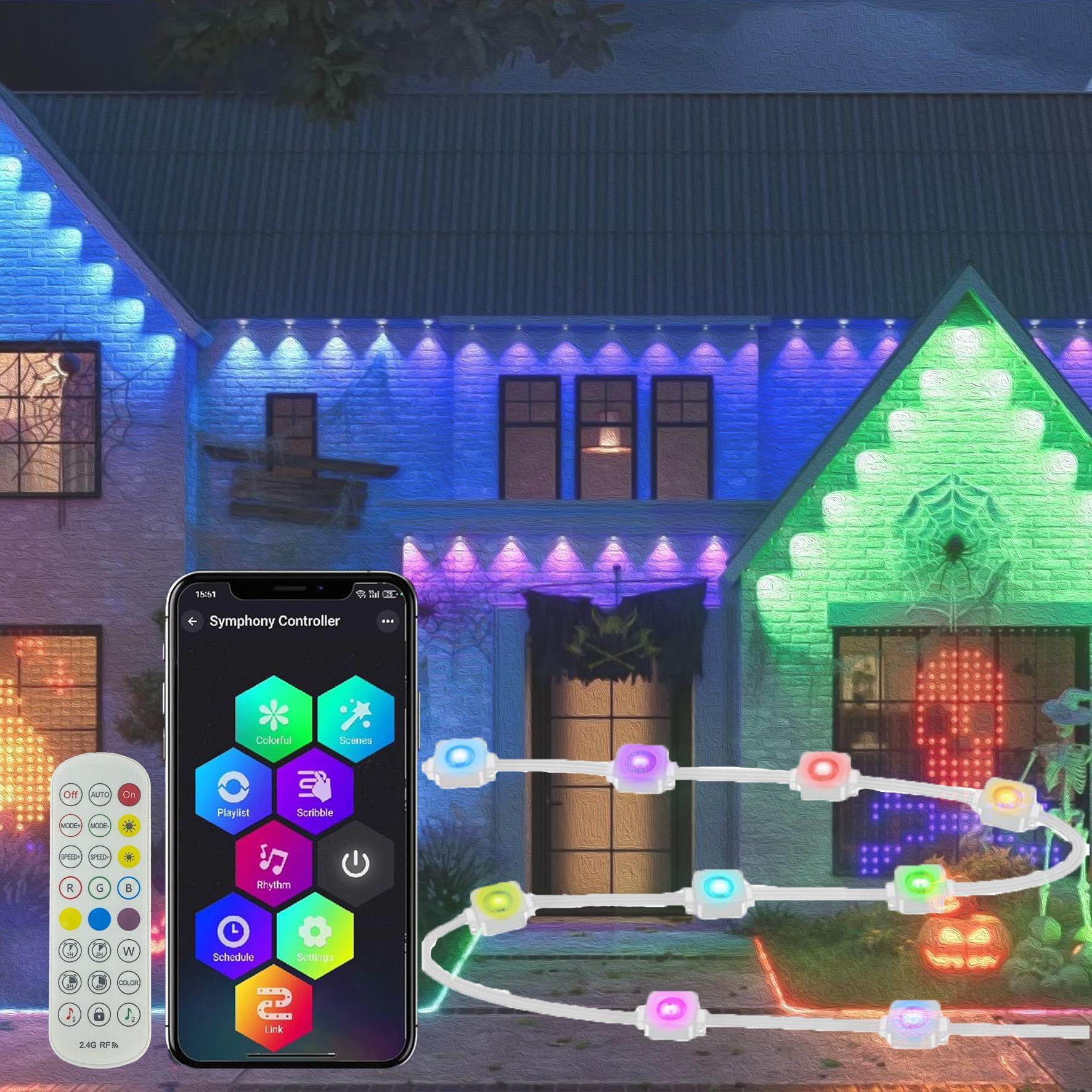 1 Pack Permanent DIY Outdoor Light Controlled by APP/Voice/Remote, RGB Smart Eaves Light, IP67 Waterproof, Suitable for Year-Round Outdoor Lighting on Roofs, Can be Used for Christmas, Holidays, 30 LEDs, 15 Meters, Extendable, Outdoor Waterproof Lights
