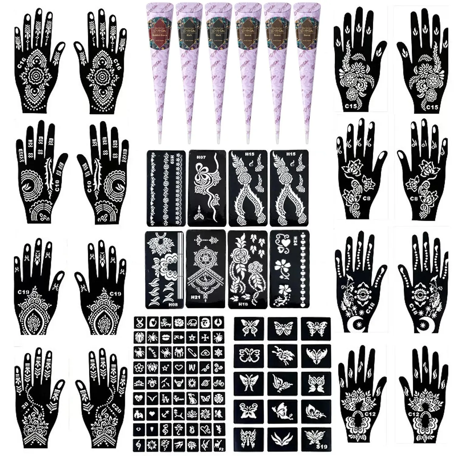 Safe plant henna for skin body paint kit with reusable stencils and decorative stickers. Waterproof temporary design fades naturally, great for festival and outdoor body art for men and women. Henna Designs Waterproof Temporary Tattoos