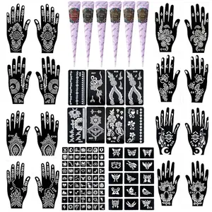 Natural henna temporary tattoo kit includes plant ink, hollow stencils & tattoo stickers. Waterproof safe body paint for men & women, perfect for DIY body art and party temporary tattoos.