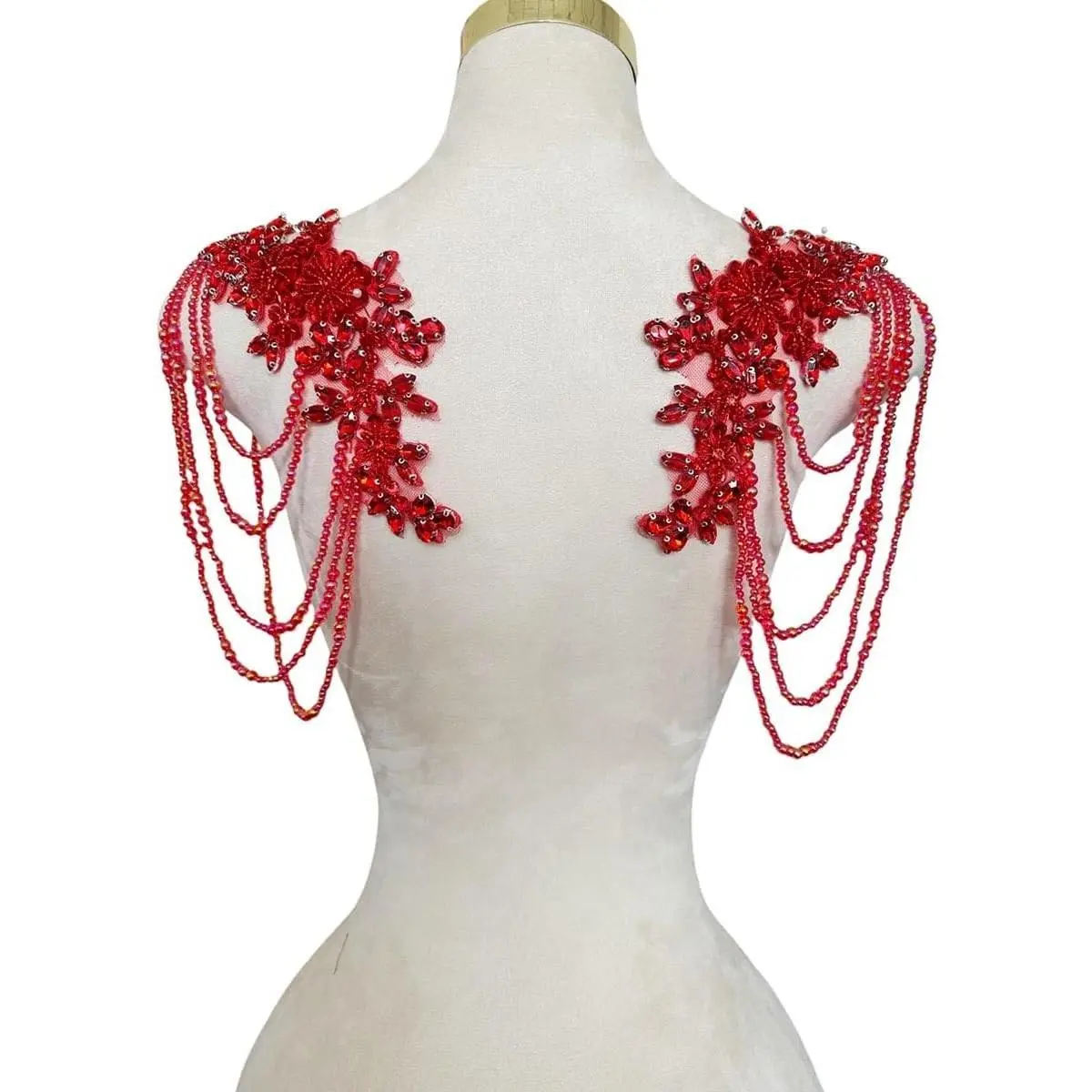 1 Pair Beaded Rhinestones Applique Embellishment for Clothes Epaulettes Shoulder Patches Sew-on Diamond Sequin Tassels Applique for Wedding Dress DIY Accessories 9.8X10.2inches (Red)