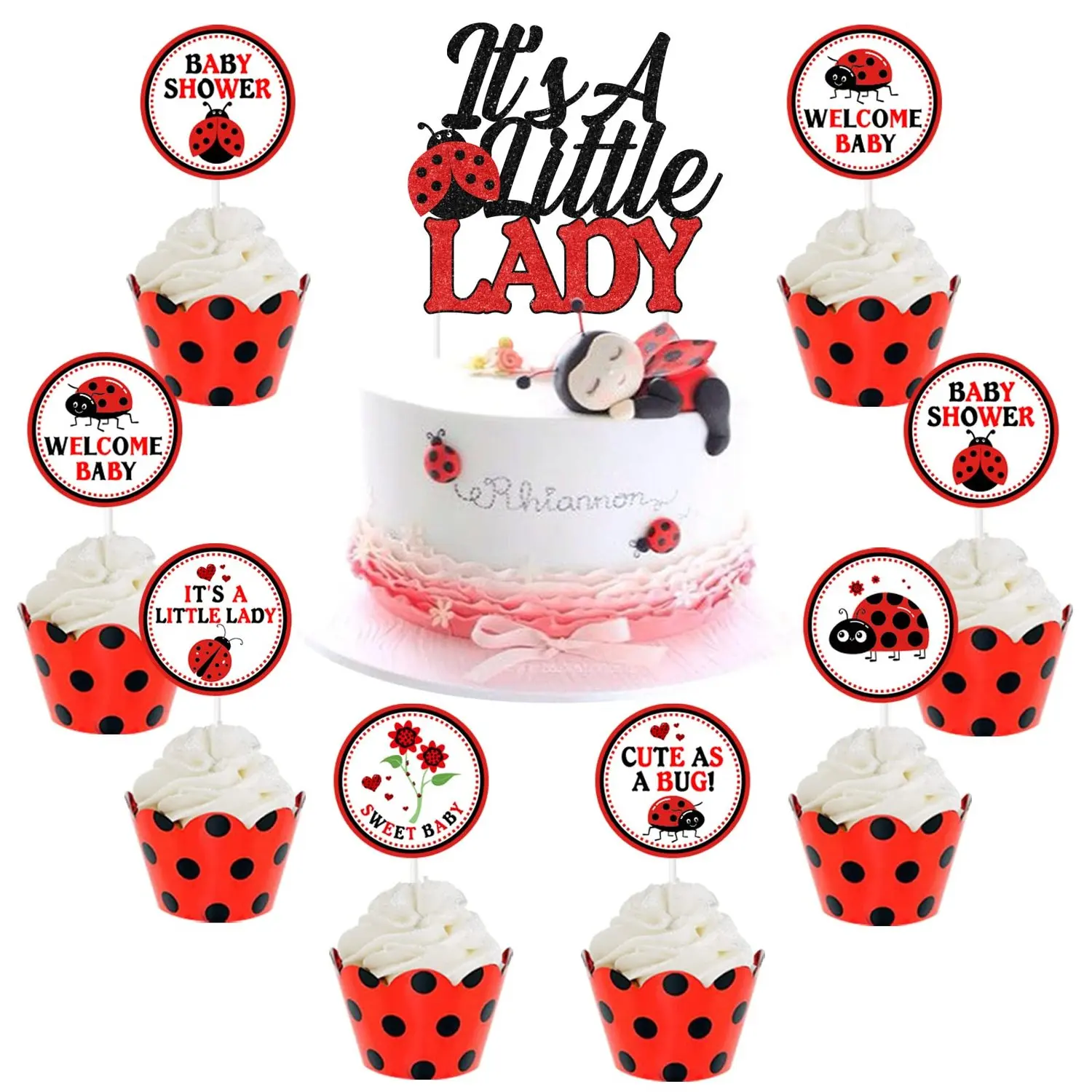 1Set Ladybug Baby Shower Decorations  25Pcs Ladybug Cake Toppers Its A Little Lady Cake Topper Ladybird Baby Shower Gender Reveal Birthday Decorations for Girls