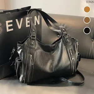 Vintage Soft Hobo Shoulder Tote Bag, Multi Zipper Rivet Decor Large Capacity Handbag, Adjustable Dual Strap Casual Commute Crossbody Purse